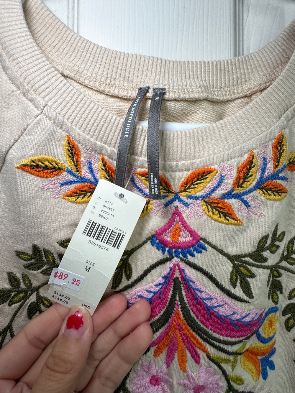 Anthropologie Cream Embroidered Floral Crewneck Sweatshirt - Picture 6 of 8